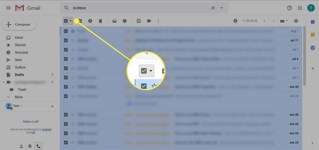 Gmail-postilaatikko, jossa on Valitse kaikki -painike korostettuna