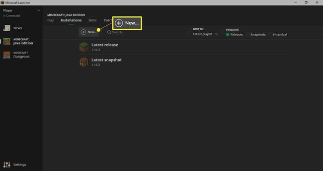 Luo uusi Minecraft-asennus valitsemalla Uusi.