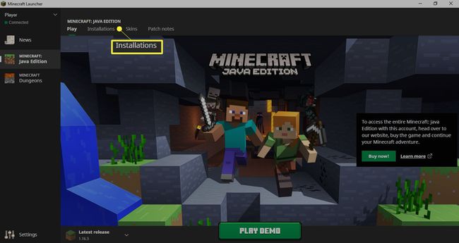 Avaa Minecraft Launcher ja valitse Asennukset.