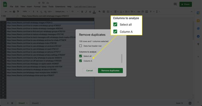 "Valitse kaikki" -vaihtoehto ja sarakeasetus Google Sheetsin Poista kaksoiskappaleet -valintaikkunassa