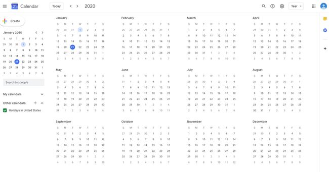 Google-kalenteri vuosinäkymässä