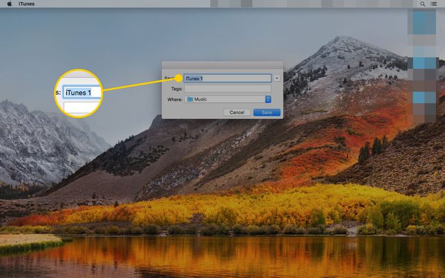 Uusi iTunes-kirjasto -valintaikkuna, jossa on korostettuna Tallenna nimellä -kenttä