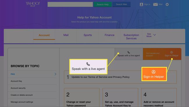 Keskustele live-agentin kanssa ja kirjautumisapupainikkeet Yahoo Mail -tukisivulla