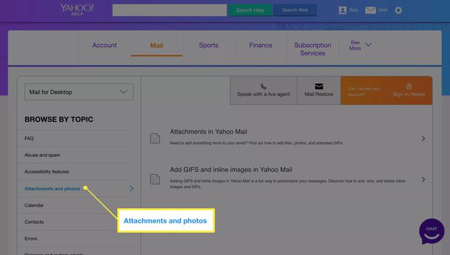 Selaa Yahoo Mail -tukisivun aiheiden mukaan, otsikolla Liitteet ja valokuvat