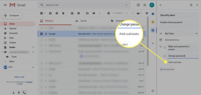 Tehtävä Gmailissa, jossa Lisää alitehtäviä -vaihtoehto on korostettuna