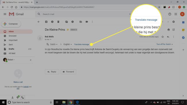 Kuvakaappaus viestistä Gmailissa, jossa Käännä viesti -painike on korostettuna
