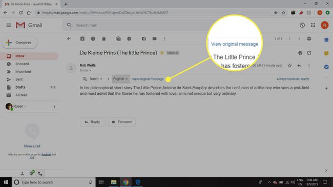 Kuvakaappaus Gmailista, jossa Näytä alkuperäinen viesti -vaihtoehto on korostettuna