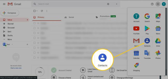 Yhteystiedot-painike Gmailin sovelluspaneelissa
