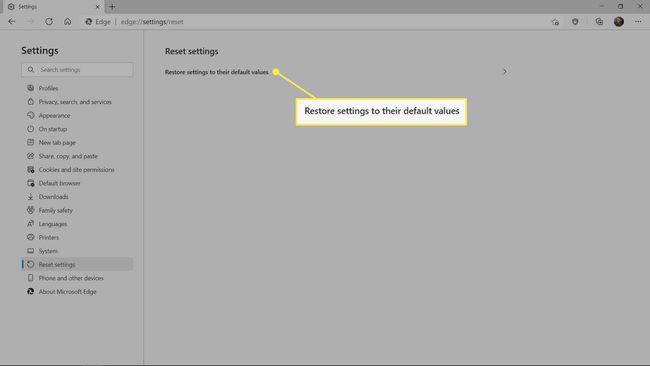 MS Edgen tärkeimmät palautusasetukset.