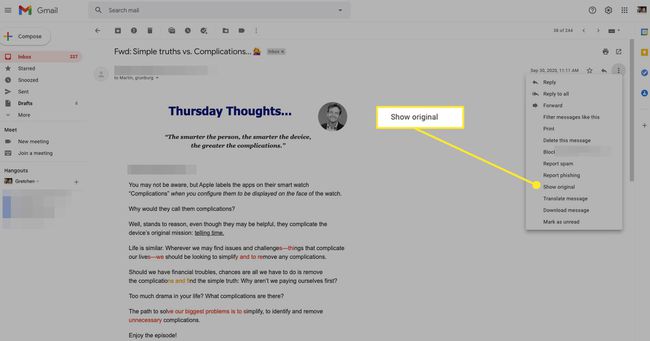 Gmail-viestivaihtoehdot, joissa "Näytä alkuperäinen" on merkitty