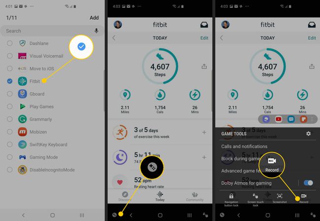 Fitbit-valintamerkki, Game Tools -kuvake, Record-kuvake Androidissa