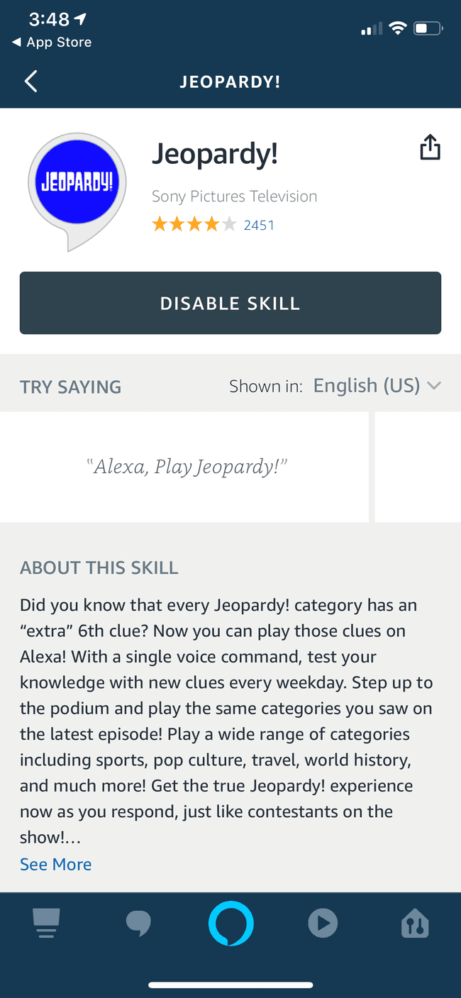 Jeopardy-taitoprofiili Alexa-sovelluksessa iOS:lle.