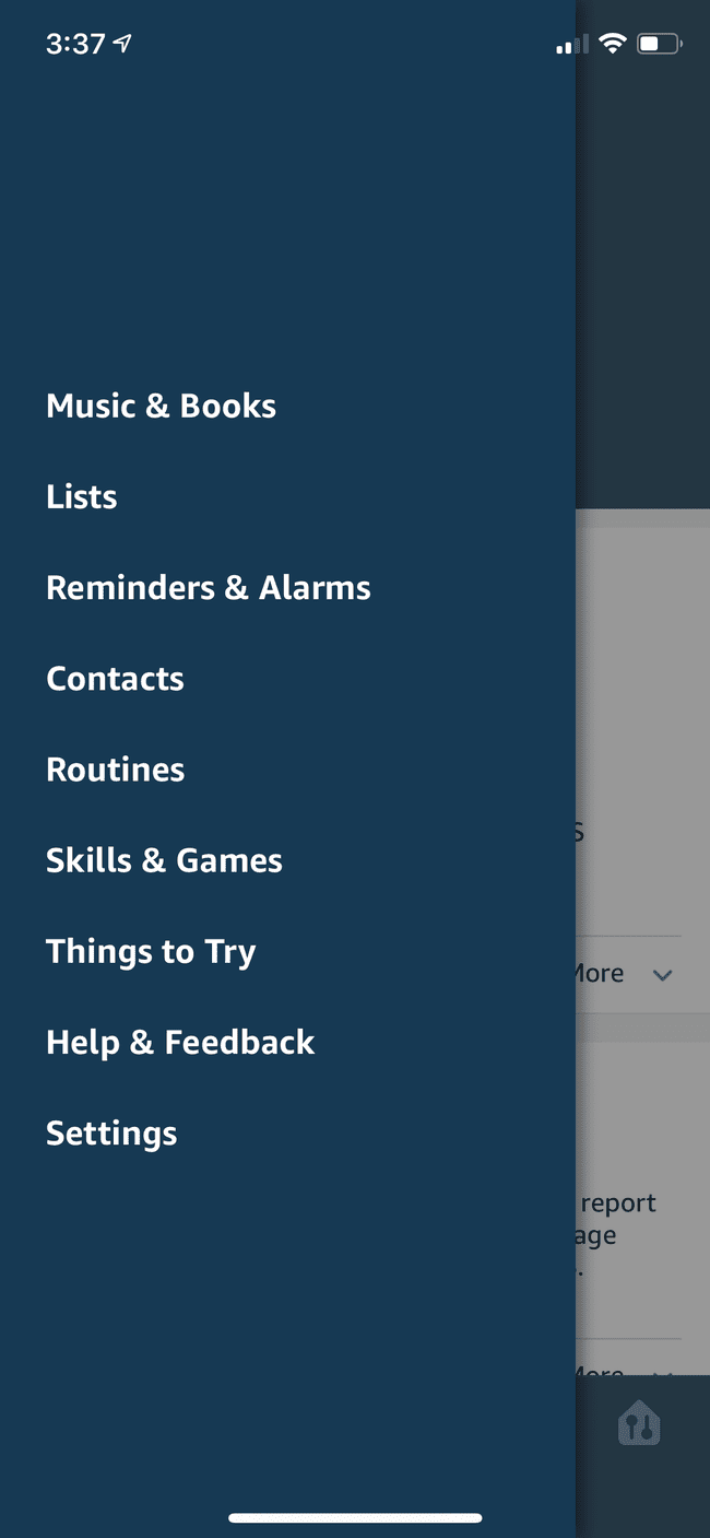 Päävalikko Alexa-sovelluksessa iOS:lle.