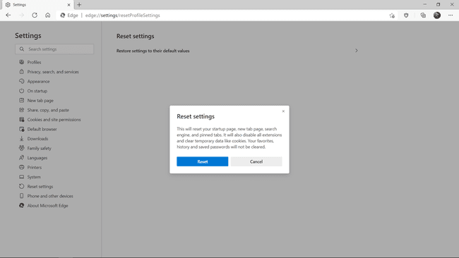 Palauta Edgen oletusasetukset.