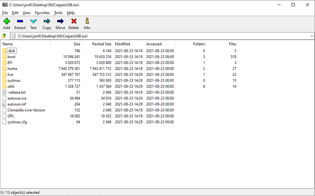 ISO-tiedosto avataan 7-Zip File Managerissa