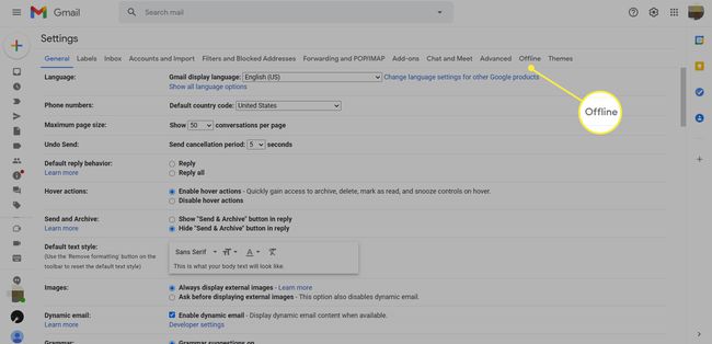 Gmail-asetukset Offline-välilehti korostettuna