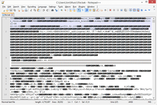 Notepad++:ssa avattu BAK-tiedosto ID3-tekstillä