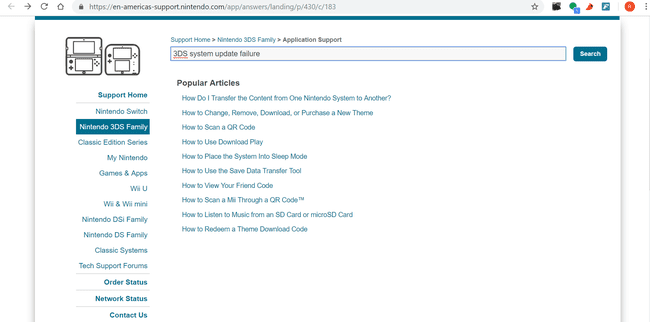 Kirjoita hakukenttään 3DS System Update Error nähdäksesi tukiasiakirjat.