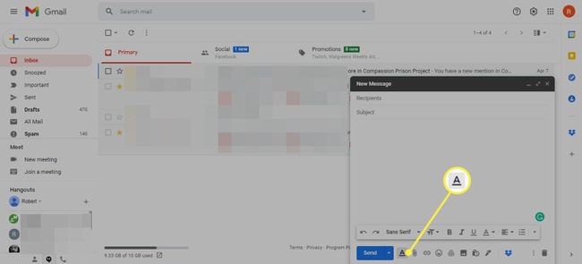 Muotoiluasetukset-kuvake Gmail-viesti-ikkunassa