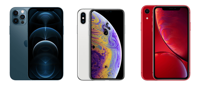 iPhone 12, iPhone XS ja iPhone XR vierekkäin