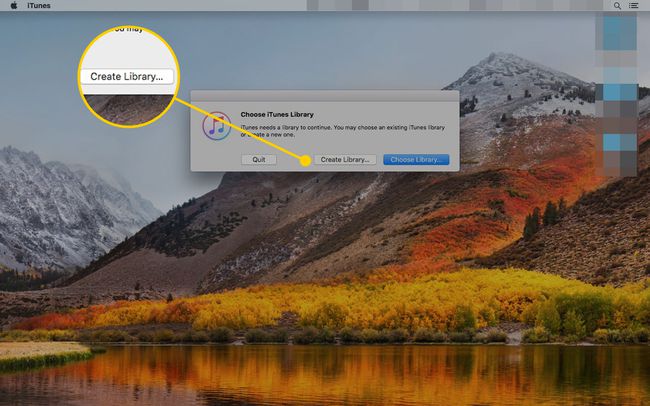 Valitse Macissa avoinna oleva iTunes-kirjasto-ikkuna, jossa Luo kirjasto -painike on korostettuna