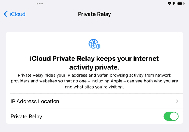 Kuvakaappaus Private Relay -selityksestä iCloudissa.