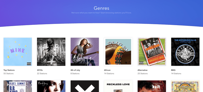 Pandora-käyttöliittymä eri genreillä.