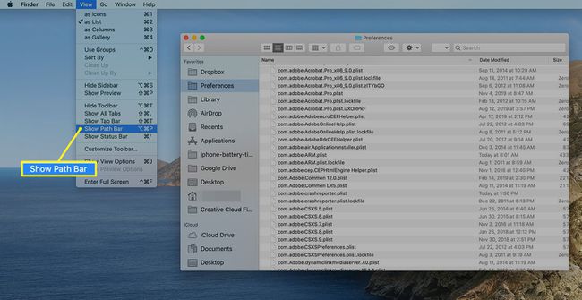 Näytä polkupalkin valinta Finder View -valikossa