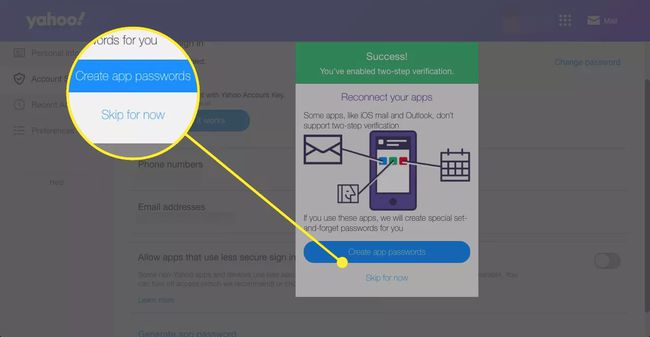 Onnistumisnäyttö, jossa on Yahoo Mailin kaksivaiheinen vahvistus ja "luo sovellussalasanat" ja "Ohita nyt" -painikkeet korostettuina