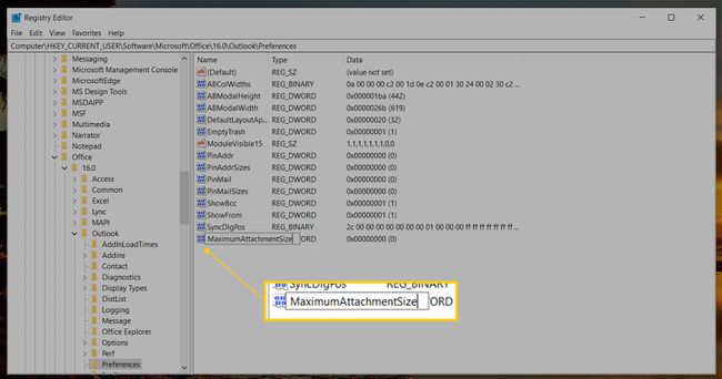 MaximumAttachmentSize regeditissä