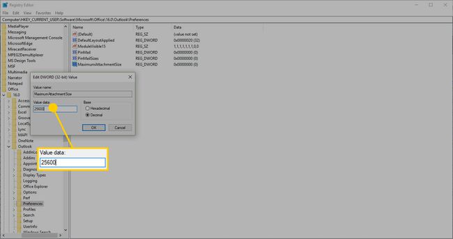 25600 arvotiedot Outlookin regedit-asetuksista
