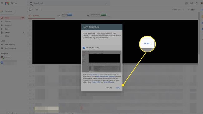 Gmailin palauteikkuna, jossa Lähetä korostettuna