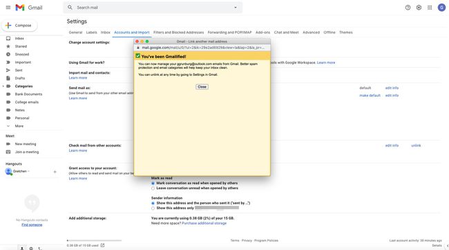 Gmail-asetusnäyttö, jossa on viesti, että tili on lähetetty onnistuneesti Gmail-sähköposti