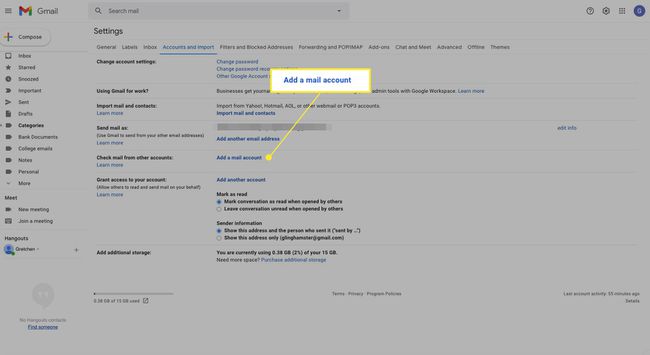 Gmail-tilin asetukset, joissa "Lisää sähköpostitili" on merkitty