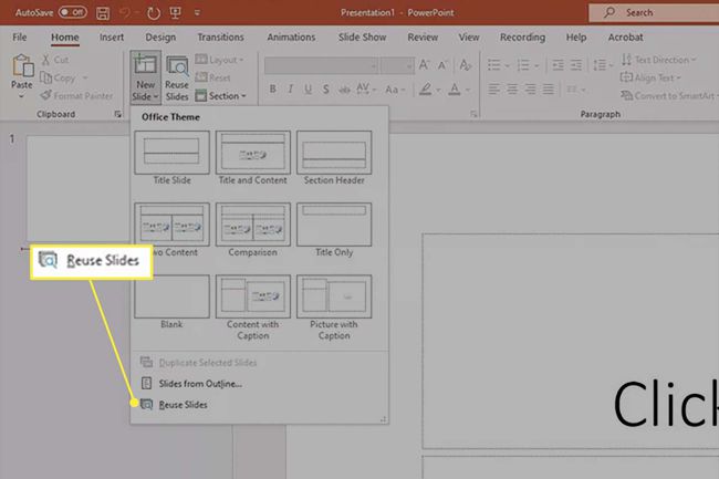 Käytä dioja uudelleen -vaihtoehto PowerPointin avattavassa Uusi dia -valikossa.
