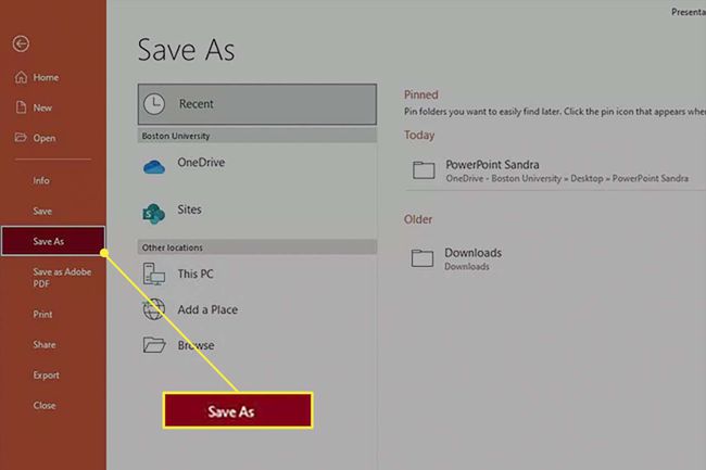 PowerPointin Tallenna nimellä -vaihtoehdot.