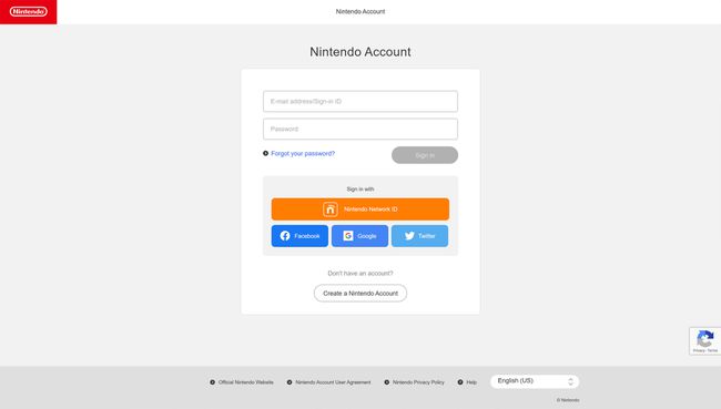 Nintendo-tilin kirjautumislomake Nintendon virallisella verkkosivustolla.