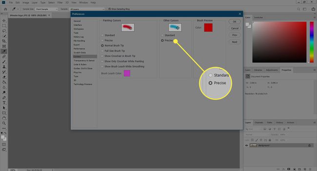 Kuvakaappaus Photoshop Cursors -asetuksista, jossa Precision-vaihtoehto on korostettuna