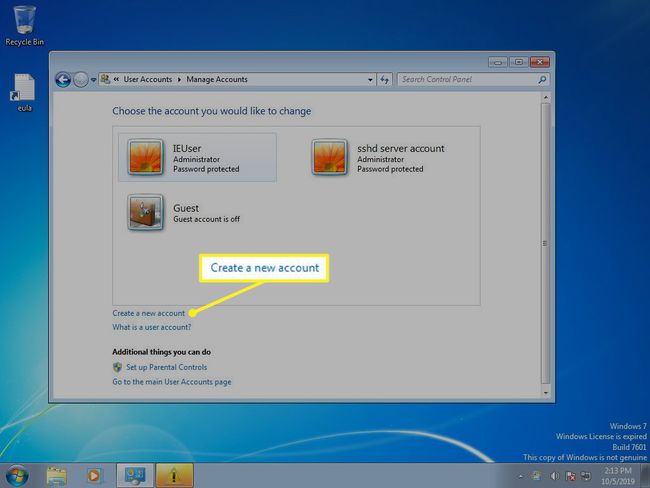 Windows 7 Hallitse tilejä valitsemalla Luo uusi tili