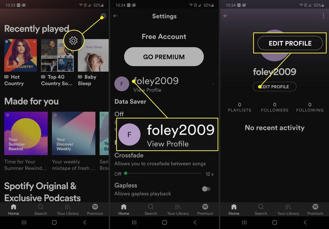 Kuvakaappaukset, jotka havainnollistavat profiilin muokkaamista Spotifyssa.