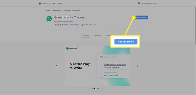 Lisää Chromeen -vaihtoehto Chromen Grammarly-laajennuksessa.