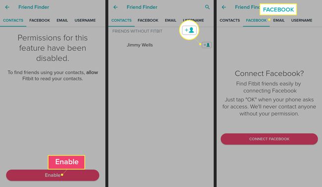 Kytke päälle, lisää ystävä ja Facebook Fitbit-sovelluksessa