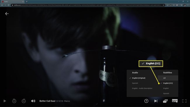 Netflixin ääni- ja tekstitysvalikko englanninkielisenä (CC) korostettuna