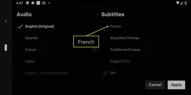 Tekstitysvaihtoehdot Netflix-sovelluksessa ranskan korostettuna.