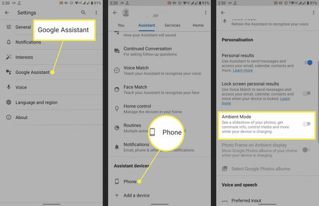 Google Assistant, puhelin ja Ambient tila korostettuina Google-sovelluksessa