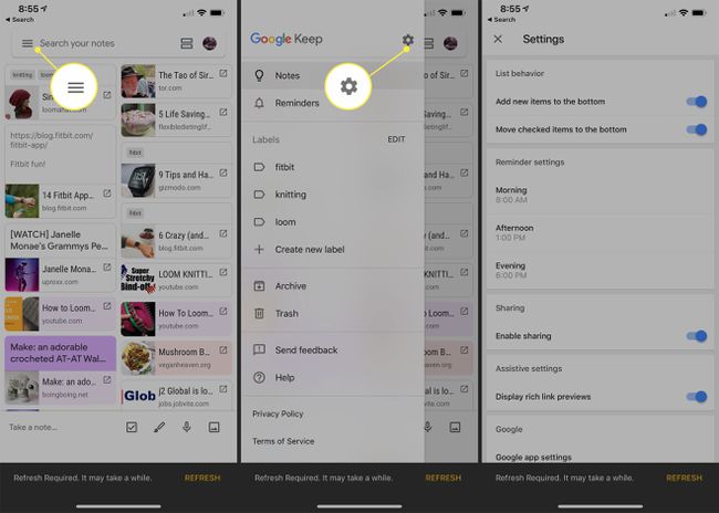 Google Keep -sovelluksen valikko ja asetukset