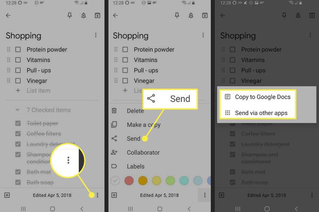 Toimitusvaihtoehdot Google Keep -sovelluksessa