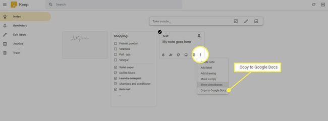 Google Keepin Kopioi Google-dokumentteihin -komento