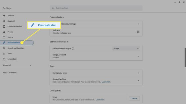 Mukauttaminen-otsikko Chromebookin asetuksissa