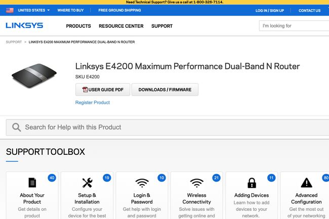 Kuvakaappaus Linksys E4200 -tukisivusta